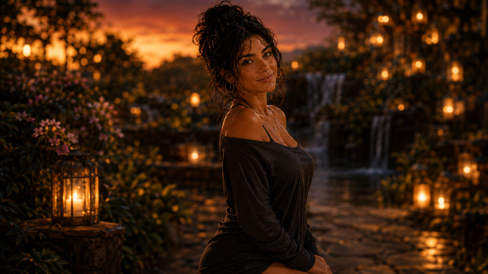 A woman with wet hair posing outdoors at sunset, surrounded by lanterns, flowers, and a waterfall in the background.