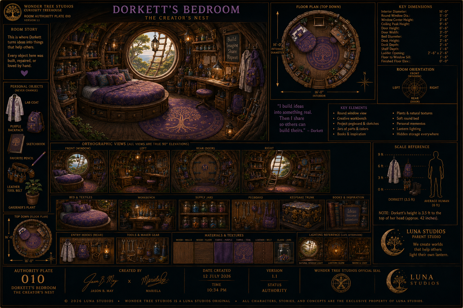 A detailed blueprint of Dorkett's bedroom, a round treehouse with purple and gold decor, a round bed, bookshelves, workbench, and personal items, with a large window showing a scenic outdoor view.