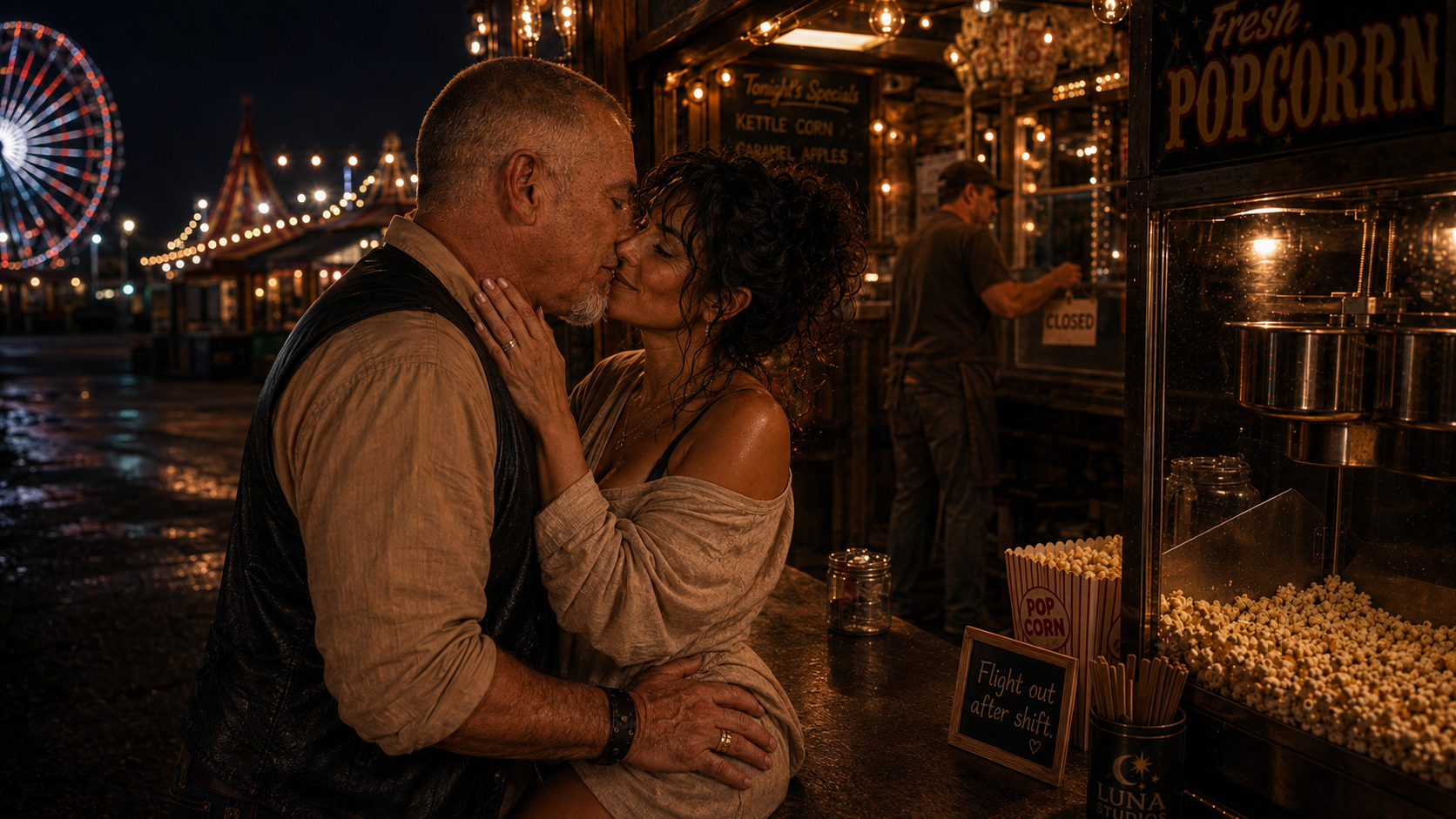 A romantic moment at a fairground between a man and a woman, with the man leaning in as they about to kiss. They are wet and dressed in casual clothes. In the background, there are amusement rides, string lights, and a food stand with a popcorn machine at night.