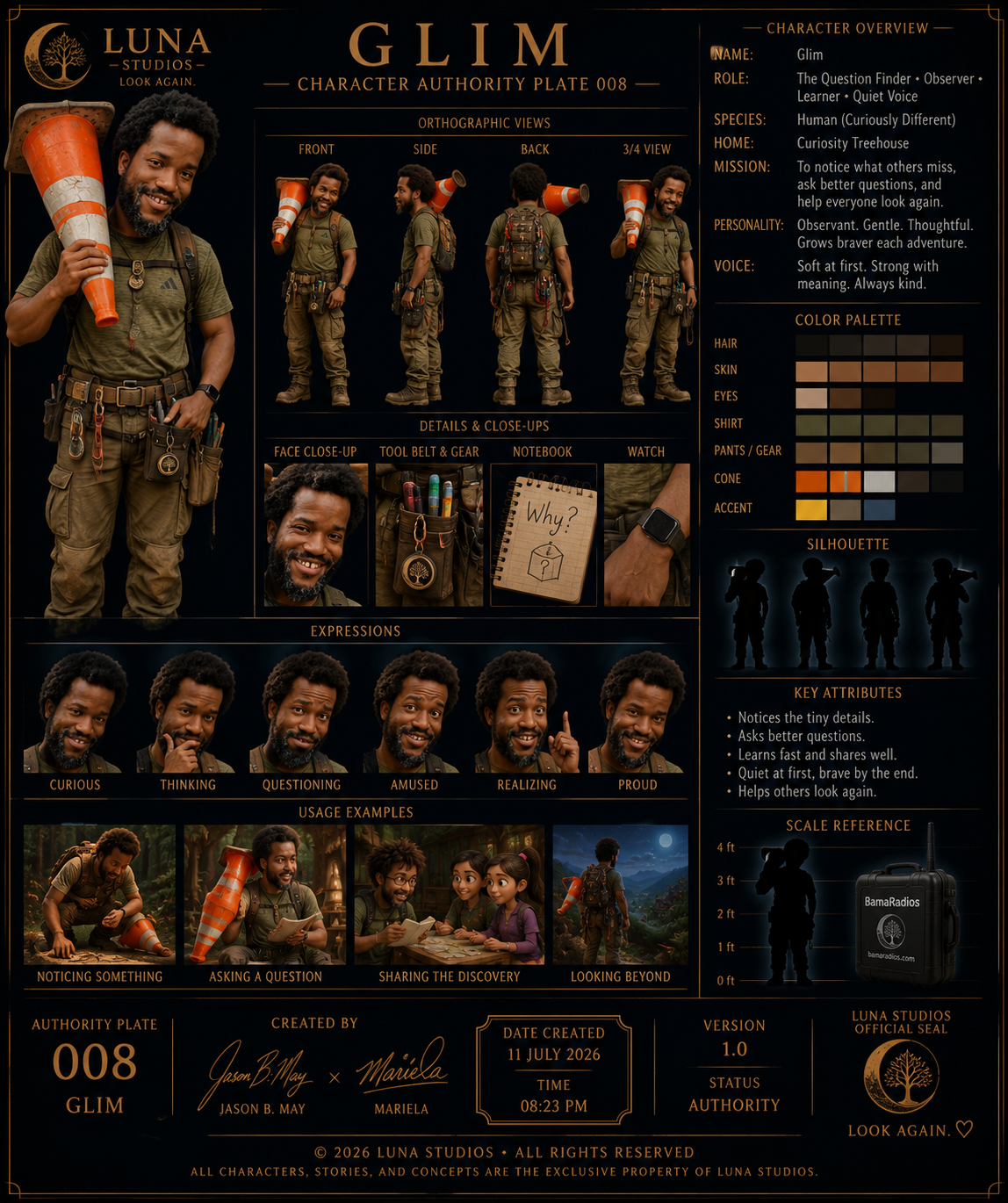 Character profile display for Glim, a curious human with a curious and confident demeanor, wearing a green tactical shirt and cargo pants with gear and a smartwatch. The profile includes orthographic views, close-up details, expressions, usage examples, and a color palette, with a black background and gold text. The profile shows different views of Glim, close-ups of gear, and various expressions such as curious, thinking, questioning, amused, realizing, and proud.