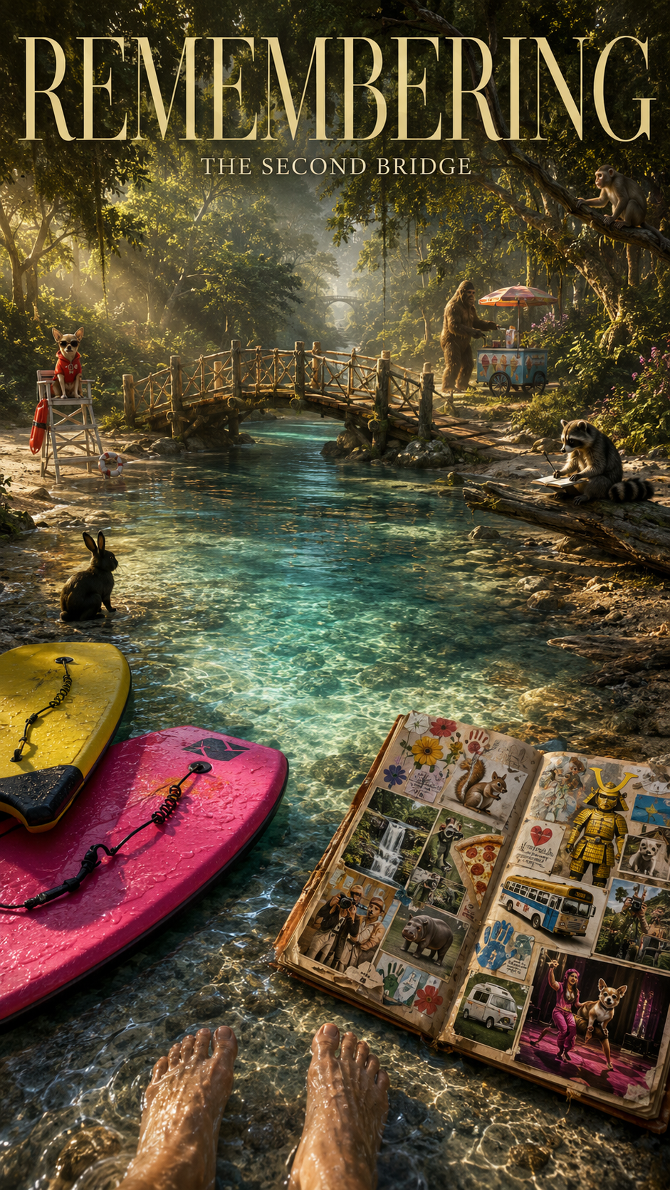 A whimsical scene in a lush forest with animals, including monkeys, raccoons, a rabbit, and a dog, engaging in human-like activities. The image features a small footbridge over a clear stream, two paddleboards in the water, an open scrapbook with photos and drawings, and a person enjoying the view with feet in the water. A monkey in a life jacket sits on a chair near the water, and another raccoon is reading a book on a log.