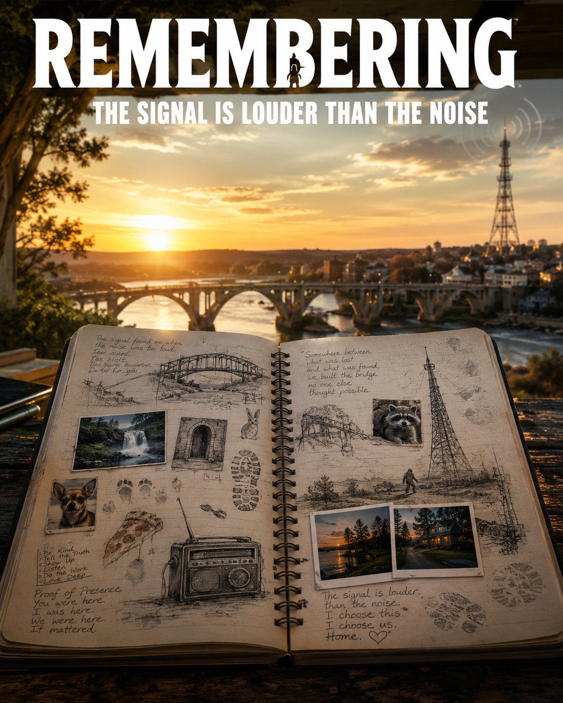 Open sketchbook with drawings, notes, photos, and footprints, set outdoors during sunset with a river, bridge, skyline, and radio tower in the background.