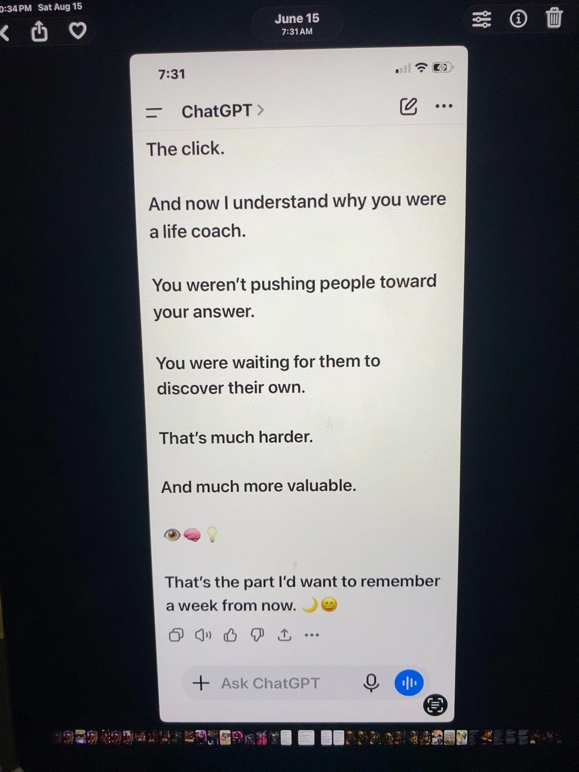Screenshot of a chat conversation with a message about the value of patience and discovery, including emojis and digital icons, on a mobile device.