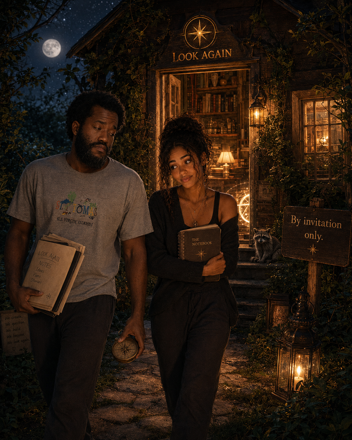 Two people walk on a stone path outside a cozy, lit cottage at night. The man on the left holds a stack of notes, and the woman on the right holds a notebook. The cottage has a sign reading 'Look Again' and a sign saying 'By invitation only.' The full moon and stars are visible in the sky.