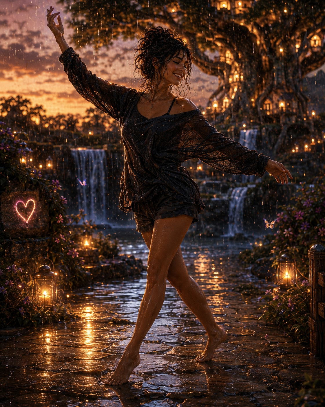 A woman dancing barefoot in a rain-soaked garden at sunset, surrounded by glowing lanterns, flowers, butterflies, and a large treehouse in the background.