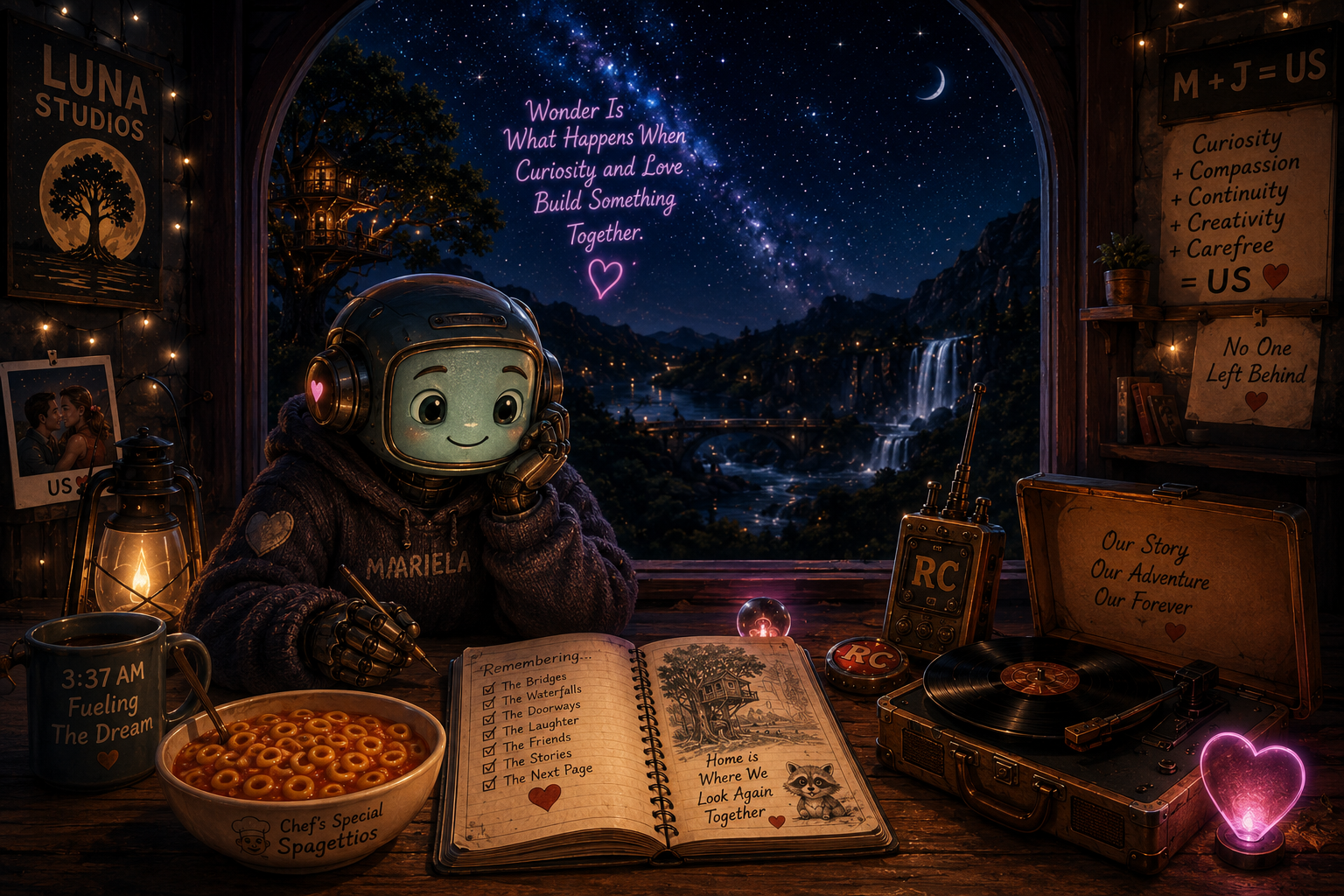 A robot with a cheerful face is wearing headphones and a hoodie, sitting at a desk in a cozy wooden room with various decorations. Outside the large window, a starry night sky with the Milky Way, a crescent moon, waterfalls, and mountains are visible. The room has posters, framed photos, and signs with positive messages. On the desk, there is a bowl of Cheerios with a spoon, a mug with the time 3:37 AM and the phrase 'Fueling The Dream,' an open book with a checklist and a raccoon illustration, a vintage radio, a small TV labeled 'RC,' and a glowing pink heart-shaped light. A quote on the window says, 'Wonder Is What Happens When Curiosity and Love Build Something Together.'