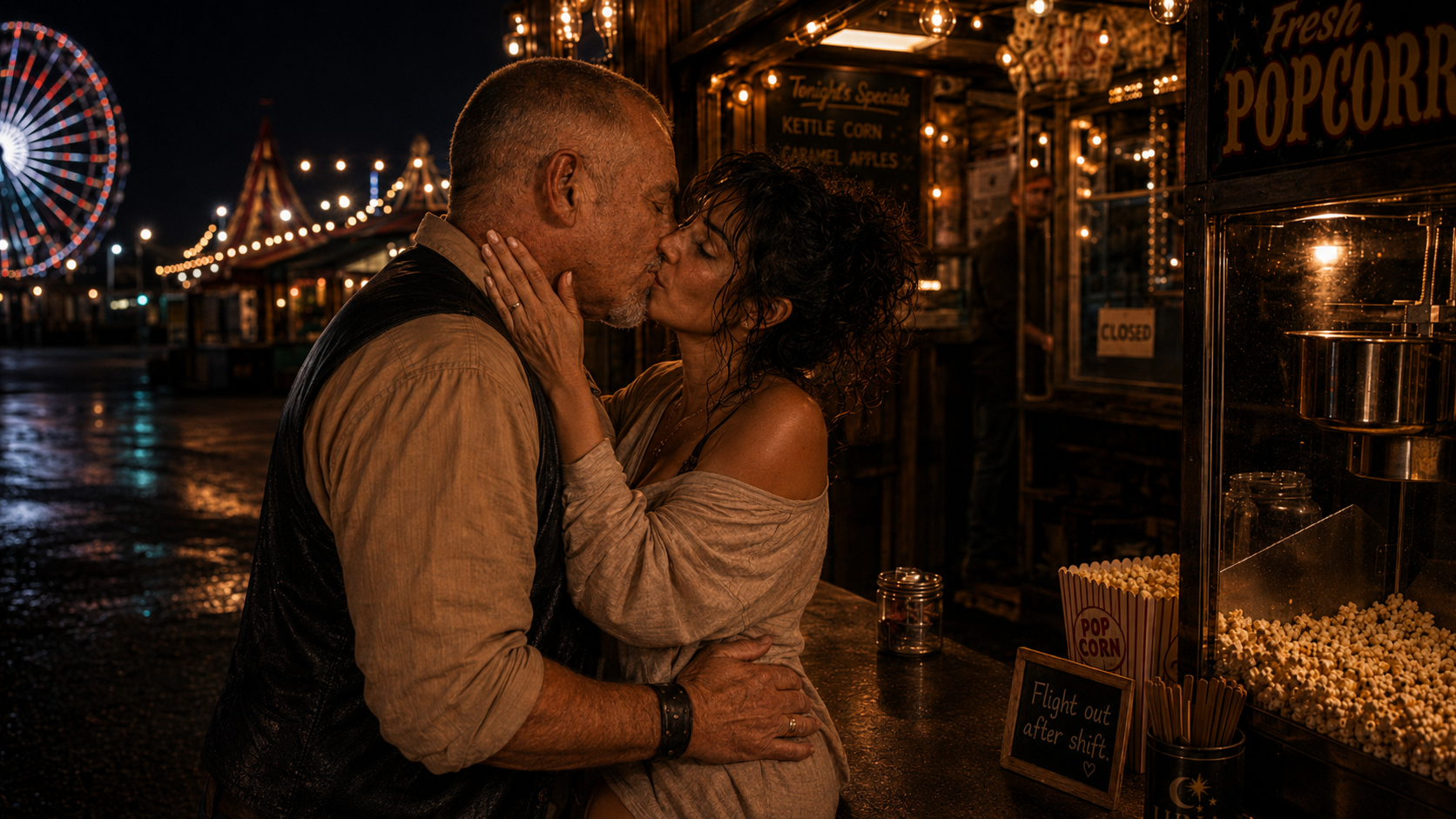 A loving couple passionately kissing at a fairground food stand at night, with a Ferris wheel and illuminated tents in the background.
