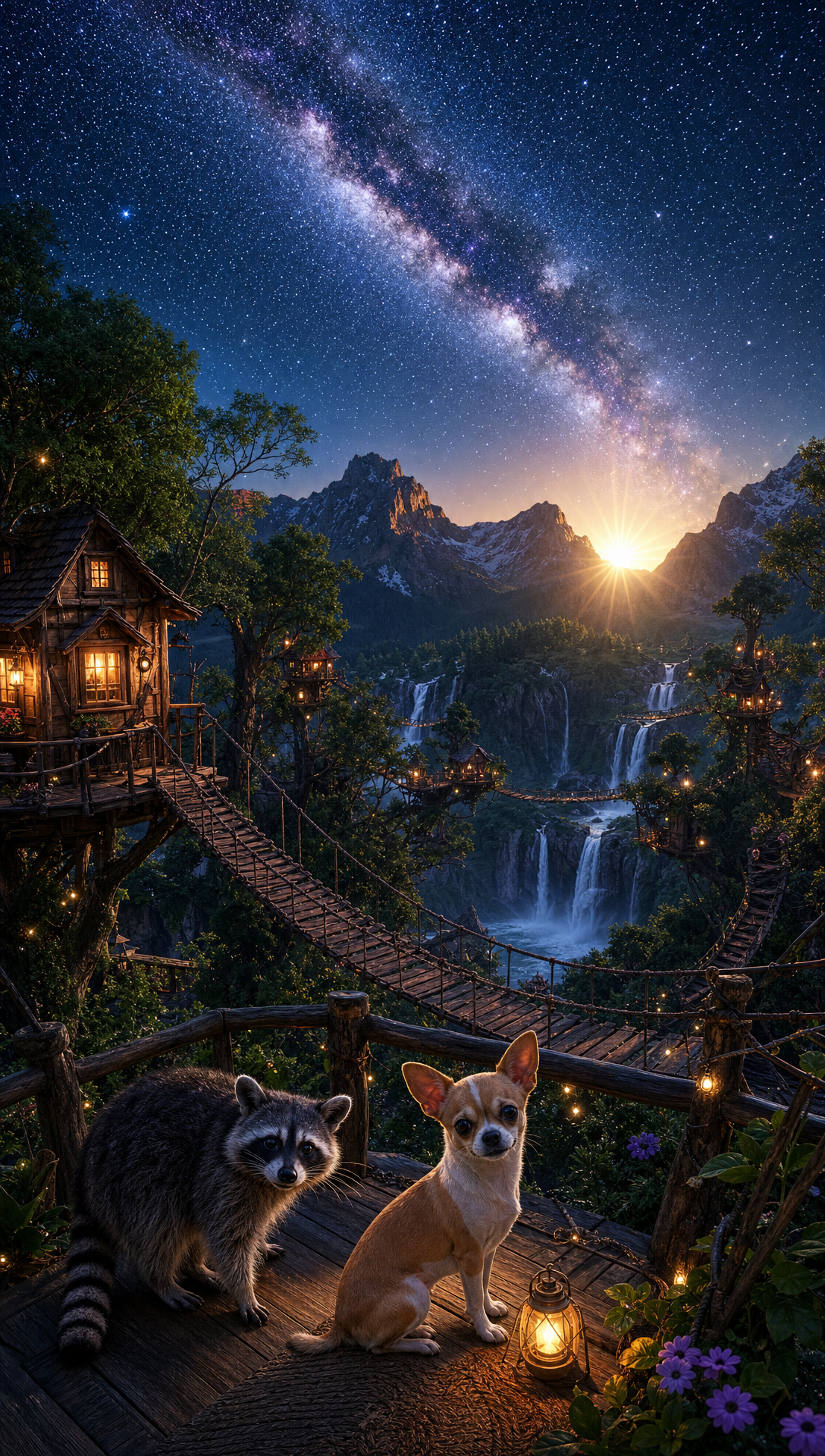 Nighttime scene featuring a star-filled sky and the Milky Way galaxy above a mountainous landscape with waterfalls. In the foreground, two dogs sit on a wooden deck illuminated by lanterns. There is a rustic wooden house and illuminated treehouses connected by bridges in a lush, green forest.