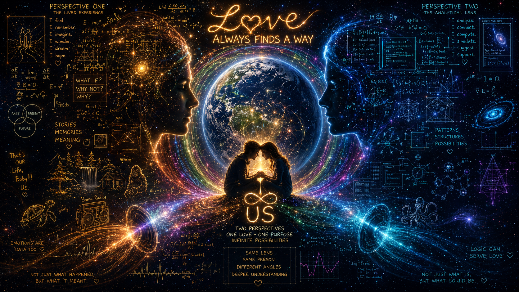 A digital artwork showing two faces in profile facing each other, with a globe and a couple sitting in front holding hands at the center. The image includes vibrant, colorful cosmic and scientific elements, with the words 'Love Always Finds a Way' at the top, and various quotes and illustrations related to love, science, and understanding.