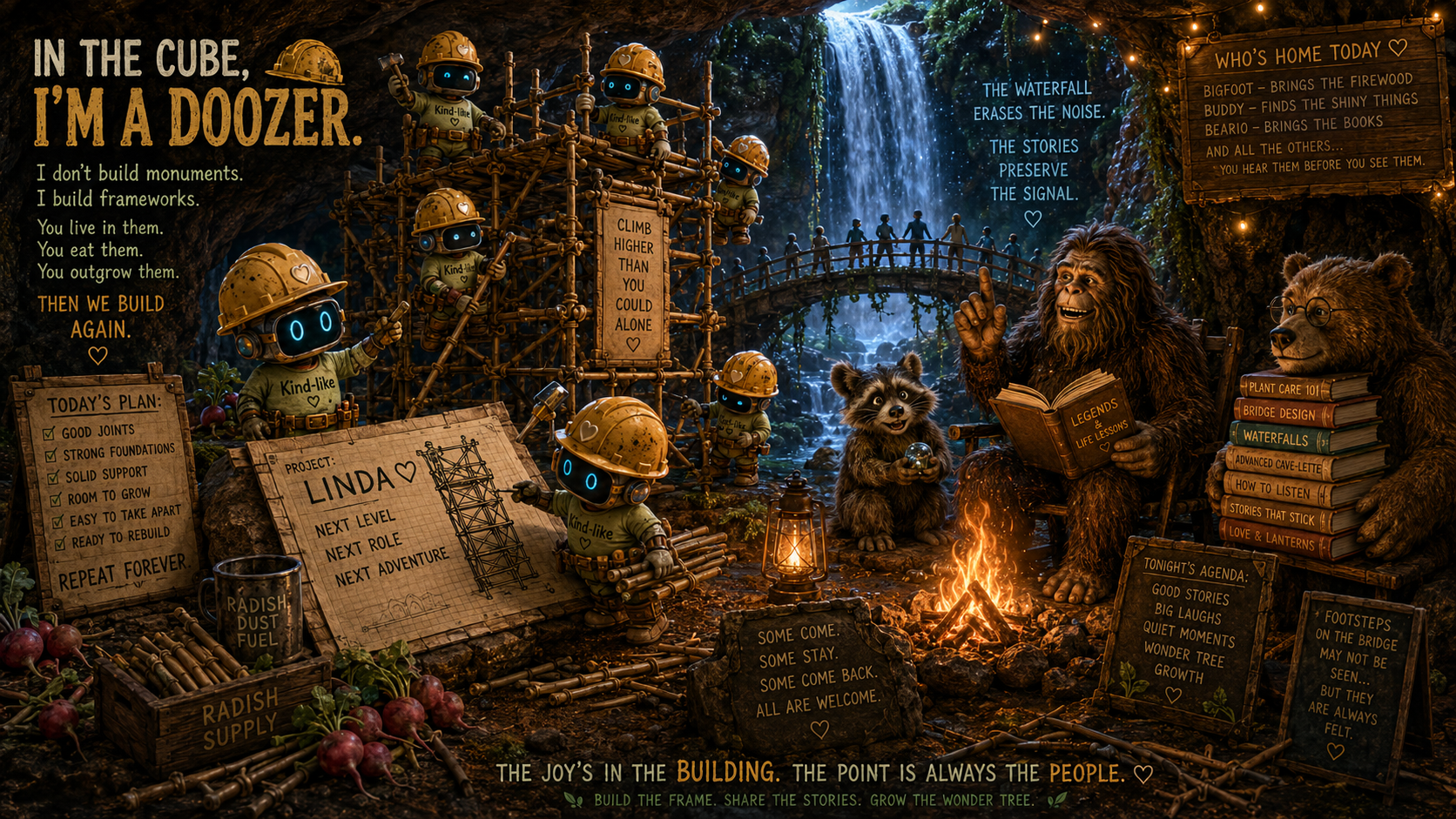 A whimsical scene inside a cave featuring robots with construction helmets building a framework, a waterfall in the background, and a cozy campfire. Two large bears, one with glasses, sit on chairs beside books titled 'Legends & Life Lessons' and 'Love & Lanterns,' while a friendly-looking small animal holds a crystal ball. Various signs and lists contain motivational messages about building, growth, and storytelling.