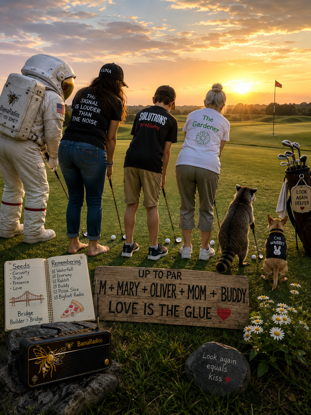 People playing mini golf on a grass course at sunset, with signs, flowers, and pets nearby.