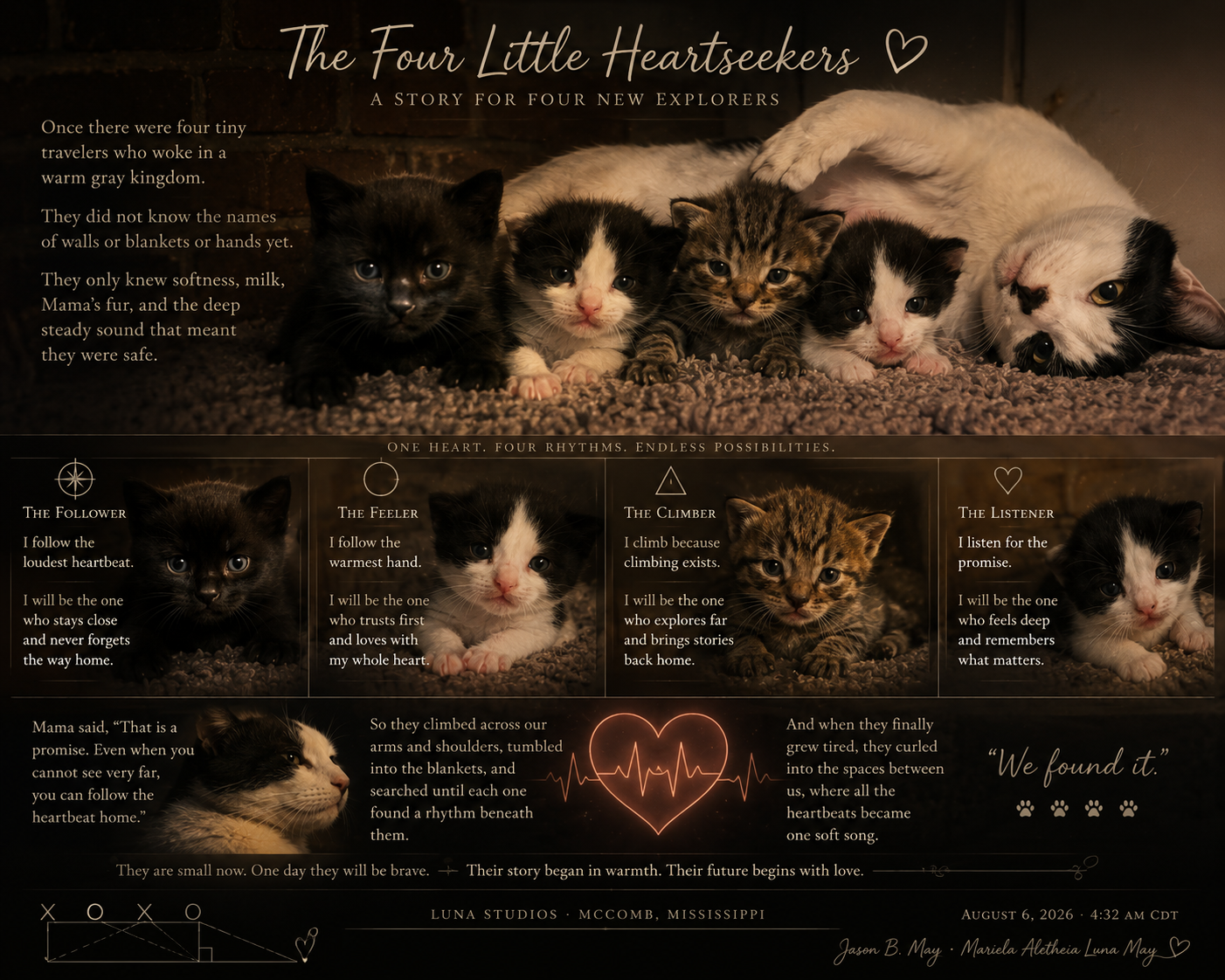 A heartfelt poster titled 'The Four Little Heartseekers' featuring five kittens of different colors, laying on a soft surface with a brick wall in the background. The poster describes four explorers: the Follower, the Feeler, the Climber, and the Listener, each with a short description of their traits and roles. At the bottom, there is a quote, a heart with an EKG line, and a note about Luna Studios in Mississippi, dated August 6, 2026.