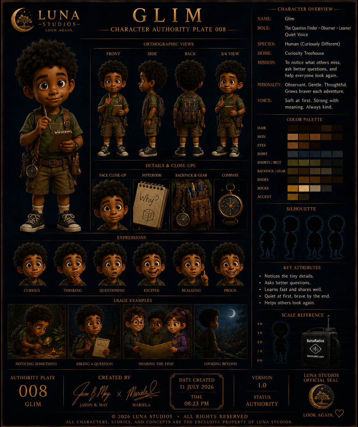 Character profile poster for GLIM from Luna Studios, featuring multiple views, details, expressions, and usage examples of a curious, thoughtful boy with curly hair in explorer attire, set against a dark background with gold accents.