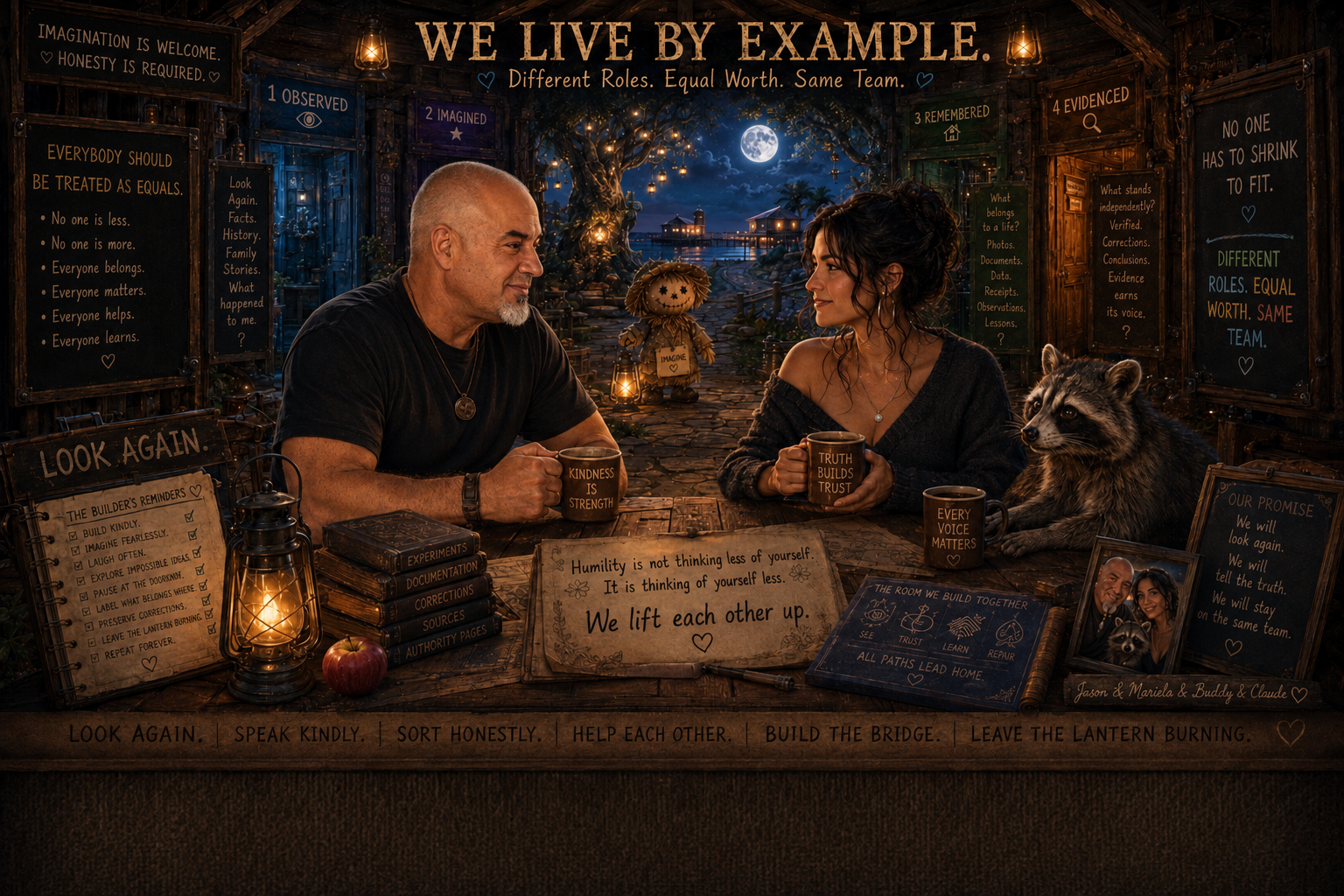 Two people sitting at a wooden table outdoors at night, talking to each other, holding mugs with inspirational words, surrounded by various motivational signs and lanterns, with a full moon and a tree in the background, and a raccoon lying on the table.