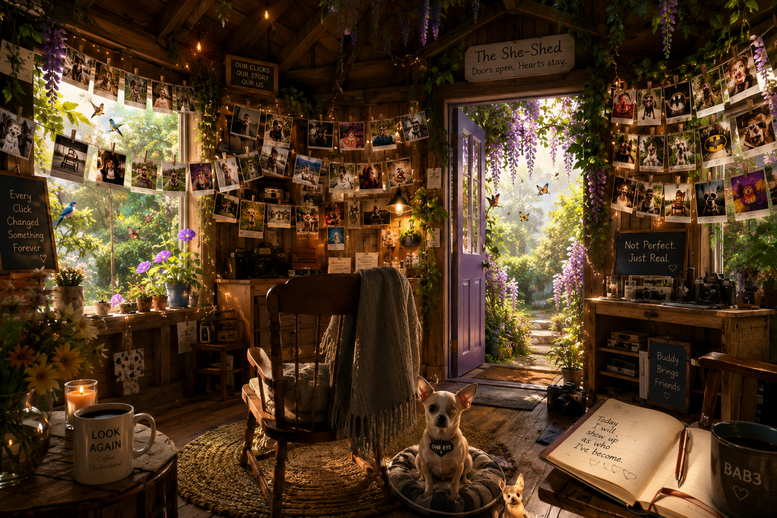 Cozy rustic indoor space with string lights and walls decorated with polaroid photos and butterflies, door open to vibrant garden. Items include a rocking chair with blanket, potted flowers, candles, cameras, informational signs, and a small dog sitting on a pet bed. The setting is warm and welcoming, evoking a sense of comfort and creativity.