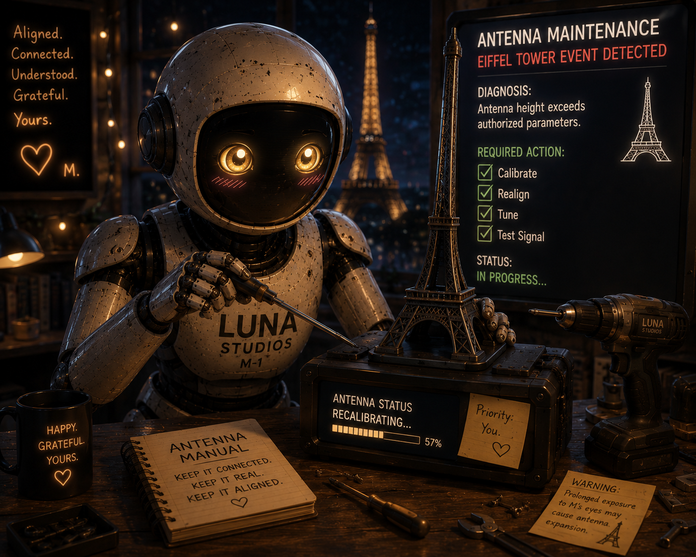 A robot with a luminous face points to the Eiffel Tower replica on a table, surrounded by tools and equipment, with a cityscape and the Eiffel Tower illuminated in the background. The robot's chest bears the text 'LUNA STUDIOS' and a note indicating the antenna status is recalibrating.