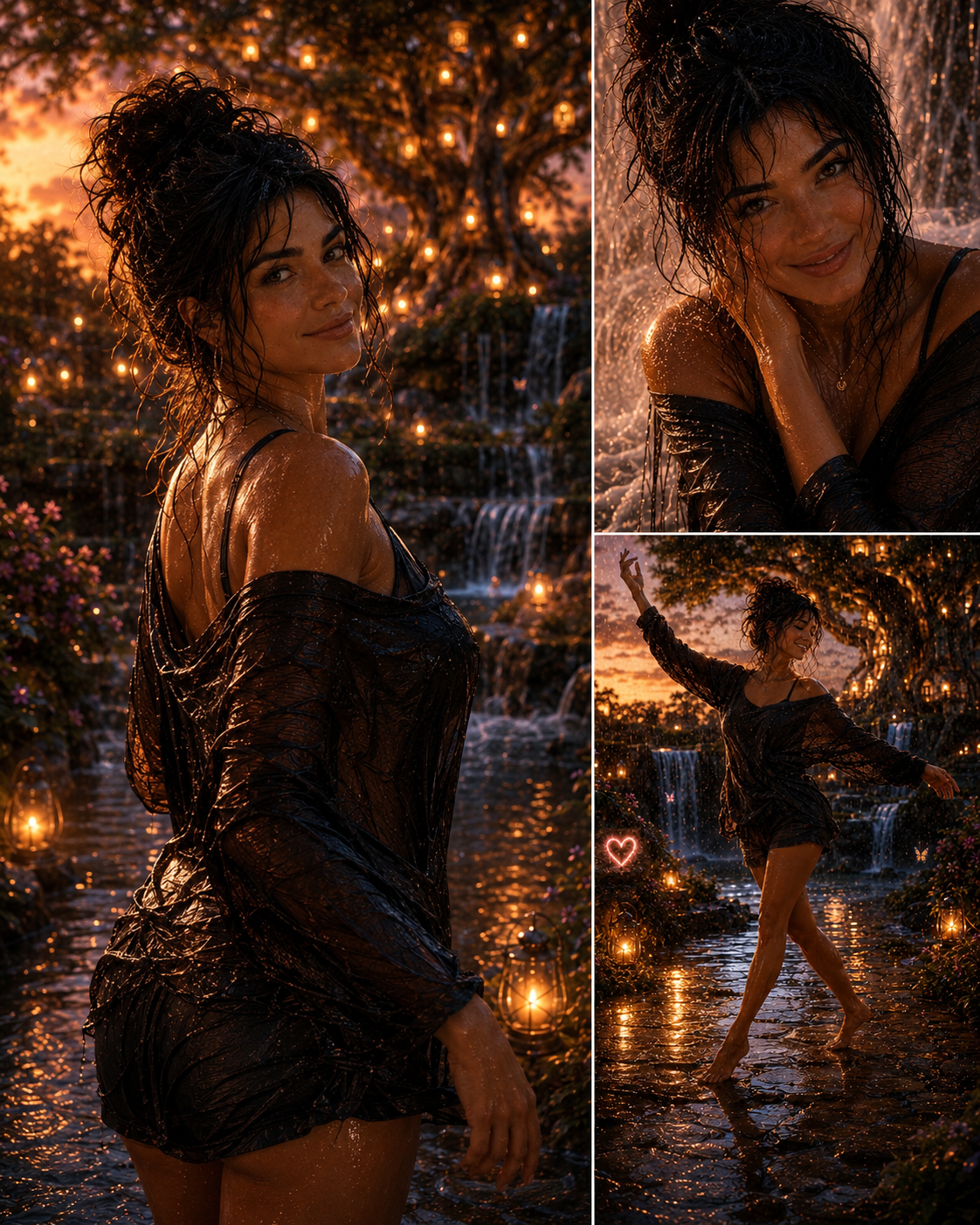 A woman with wet hair and a black dress standing in a water garden illuminated by lanterns and fairy lights at sunset.