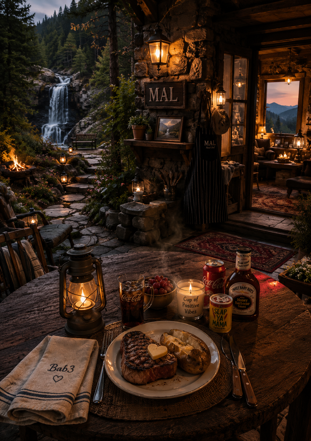 A cozy outdoor dinner setting in front of a rustic cabin with a stone patio, overlooking a waterfall and forest at sunset, with a wooden table set with a steak, baked potato, drinks, candles, and a lantern.