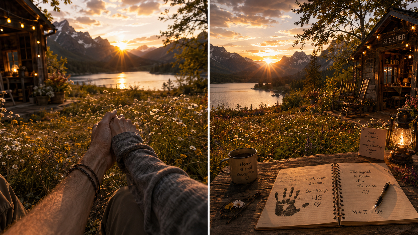 The left side shows a person holding hands with someone else, overlooking a mountain lake at sunset with wildflowers in the foreground and a wooden shed in the background. The right side depicts a wooden table with a notebook, a cup, a lantern, and a sign, all set against a scenic mountain lake sunset with wildflowers and a shed with chairs in the background.