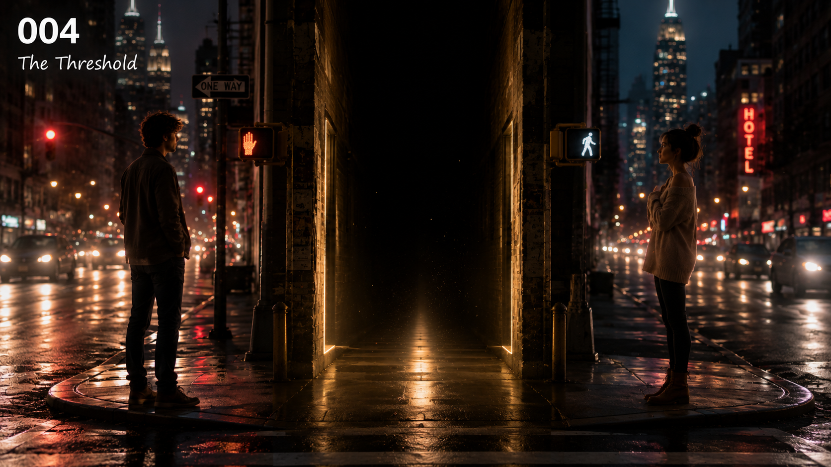 A man and woman standing on opposite sides of a subway tunnel entrance at a city intersection at night, with city lights, cars, and a tall building with a lit sign in the background.