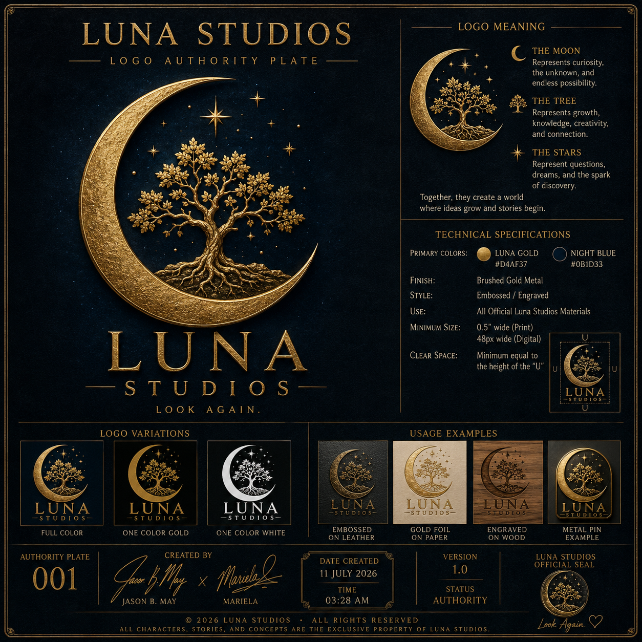 Design version of the Luna Studios logo featuring a golden crescent moon with a tree growing from its base, set against a dark blue background with stars. The logo includes various style options and technical details about colors, finish, style, and usage.