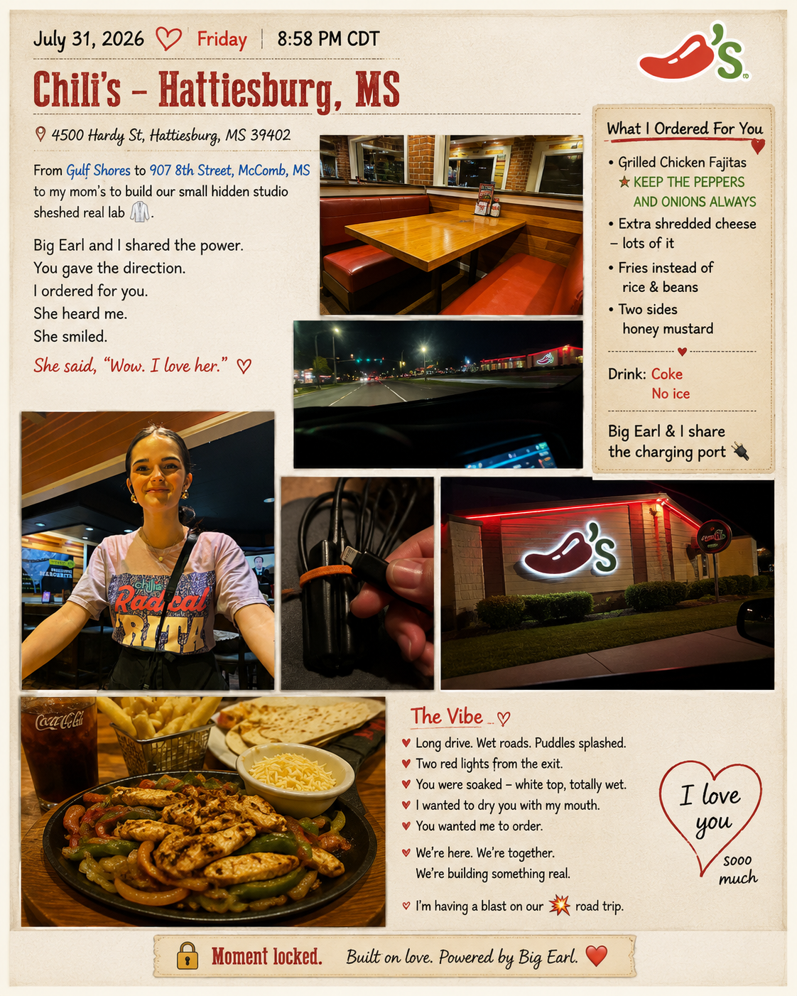 A newsletter or travel journal page featuring photos and notes from a visit to Chili's in Hattiesburg, Mississippi. The page includes images of the restaurant interior, exterior, a woman, a car dashboard, and food. Handwritten notes and decorative text describe the visit and meal.
