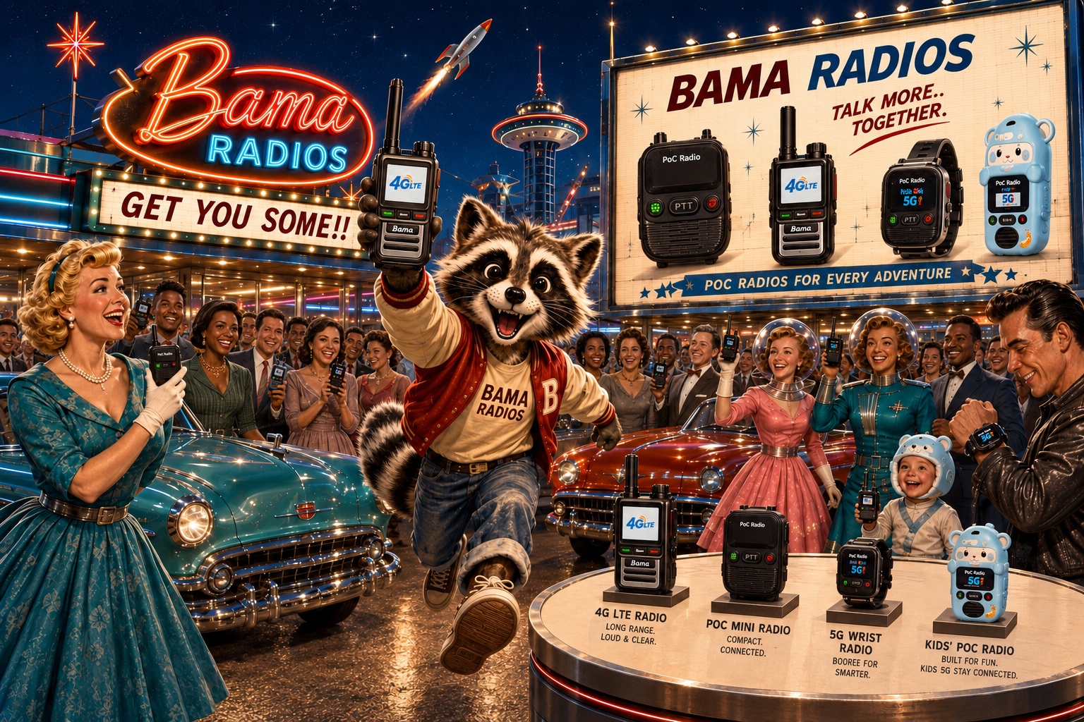 A vintage-style carnival scene at night with the Bama Radios sign, a crowd of smiling women and men holding radios, a person in a raccoon costume holding a radio, and retro cars. The scene features a large billboard showcasing various Bama radios, and a table with different models of radios on display.