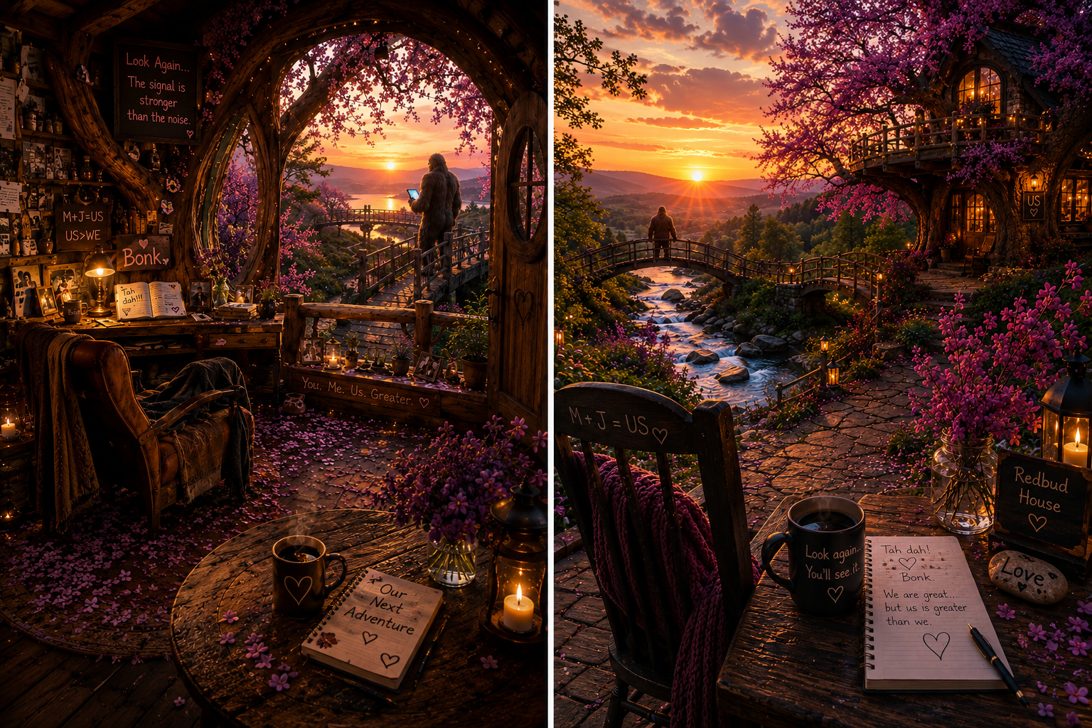 A split-image of a cozy, decorated room with a sunset view of a woman using a tablet, and an outdoor scene with a bridge over a river, flowering trees, and a sunset in the background. The room has shelves with photos and signs, candles, a notebook, and flowers. The outdoor scene features a cobblestone path, lanterns, and a house, all illuminated by the sunset.