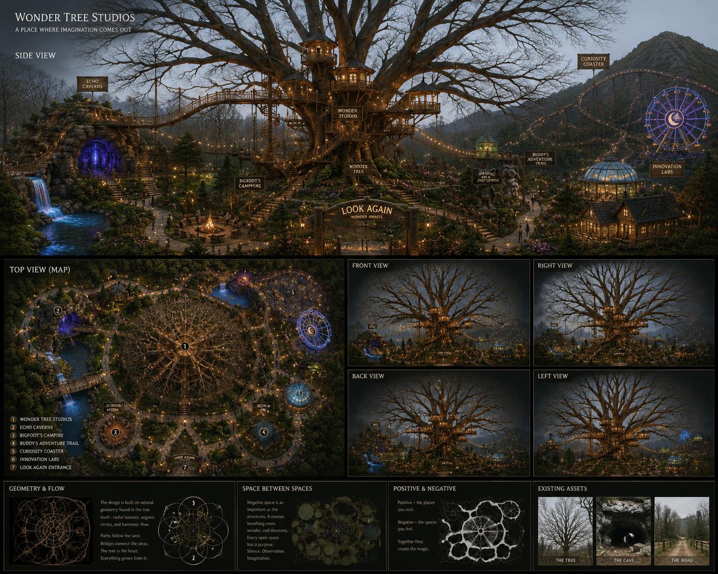Conceptual design of Wonder Tree Studios amusement park with a large tree at the center, featuring various themed attractions, pathways, and scenic views illuminated by lights at dusk.