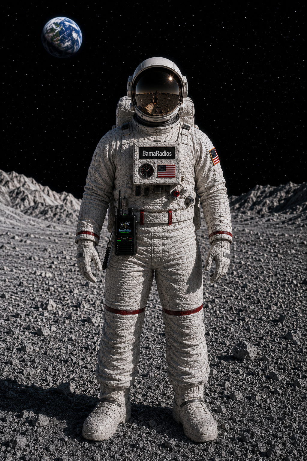 An astronaut in a white space suit standing on a lunar surface with a rugged, rocky terrain. The astronaut's helmet reflects the lunar landscape and a bright light. In the background, Earth is visible in the dark starry sky. The astronaut's suit has patches and a device with a radio attached, and the label 'BamaRadios' is on the chest.