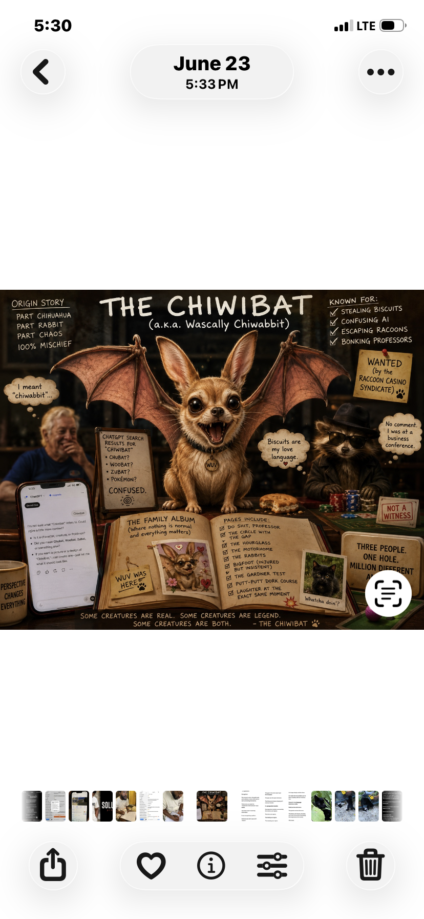 A digital illustration features a Chihuahua with bat wings, sitting at a desk with various notes and memorabilia. The illustration is titled "The Chiwibat" and presents a humorous origin story involving mischief and adventures. The scene includes a person on the left and a raccoon figure on the right, both at the desk, with the Chihuahua in the center. There are speech bubbles and notes with playful text describing the character's traits and story.