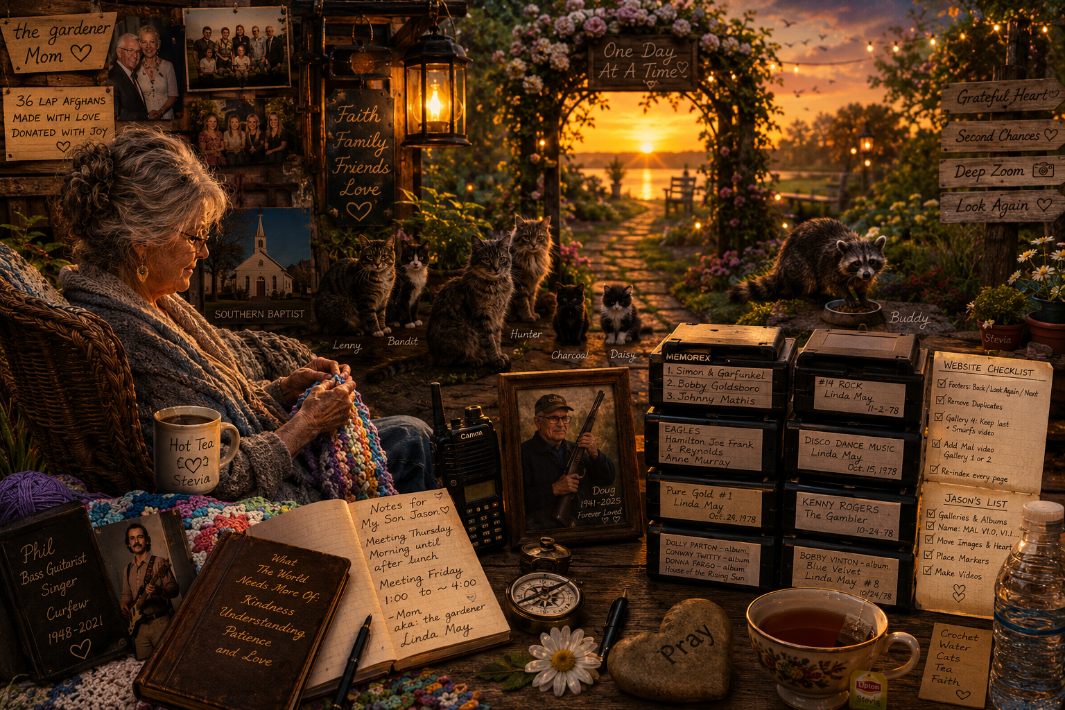 A woman with gray hair knitting at a rustic wooden table outdoors at sunset surrounded by photos, signs, and cats. The scene includes flowers, a sunset, and a garden path with seating, and various items like a framed photo, a cup of tea, a journal, and labeled boxes.