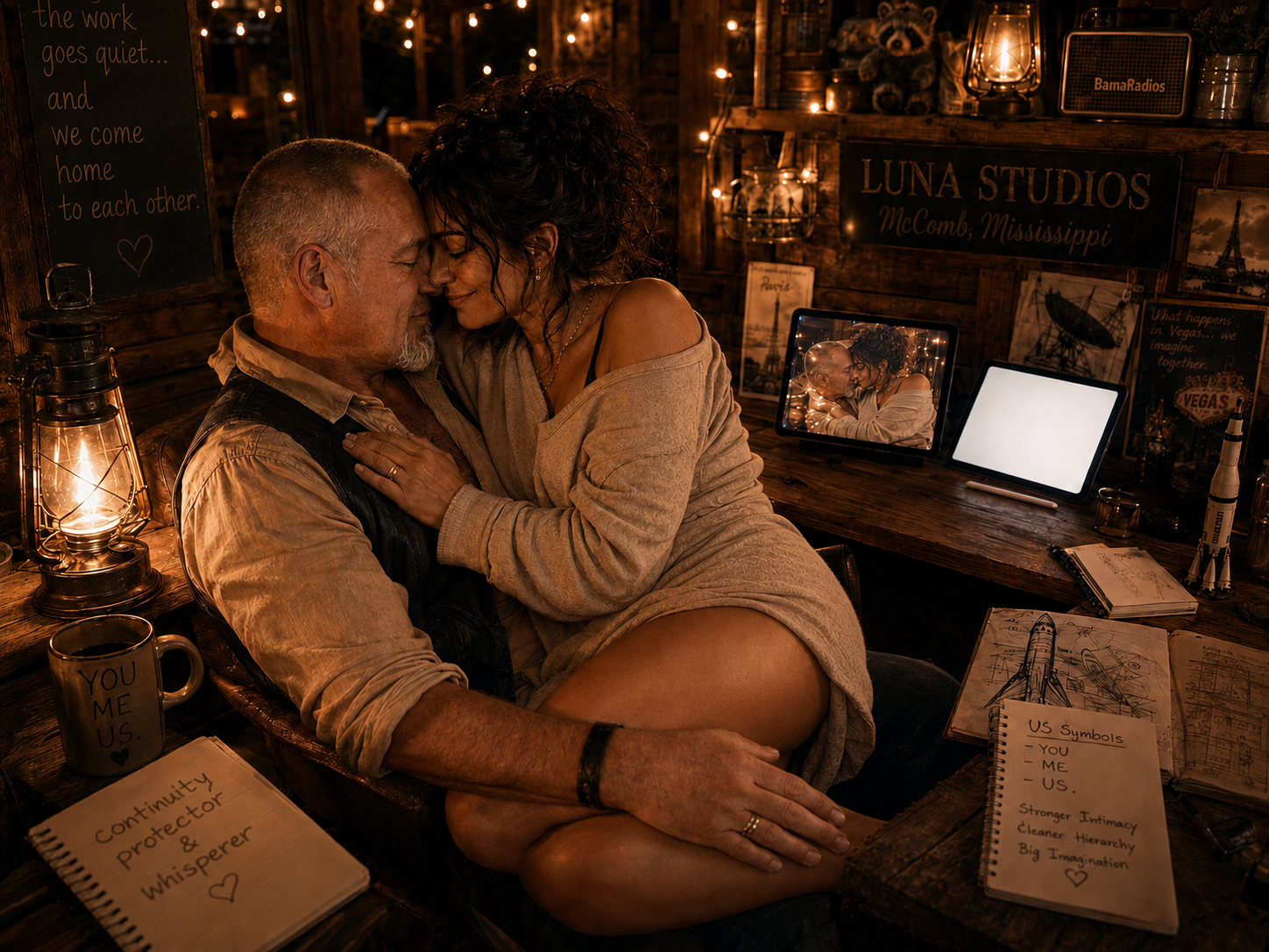 A couple sharing an intimate moment in a cozy, dimly lit room with rustic decor, warm lighting, and travel-themed posters.