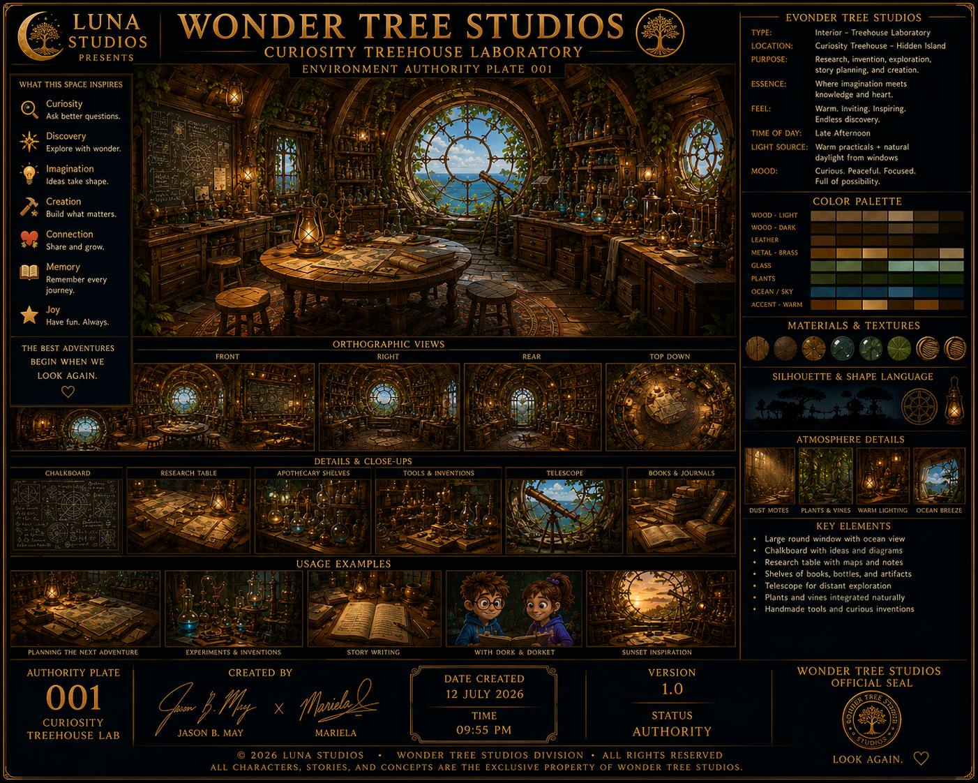 Interior of a curiosity treehouse laboratory with shelves of glassware, a research table, apothecary shelves, telescopes, and books, with large windows showing ocean views and lush greenery outside.