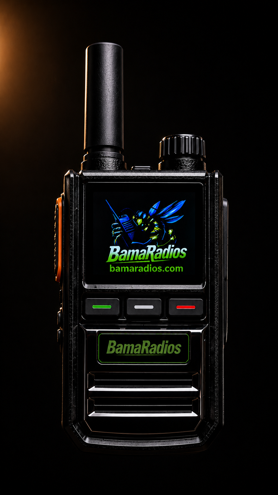 A digital radio device with a black body, display showing a bee logo with antenna and wings, and green text reading 'BamaRadios' and website 'bamaradios.com'.