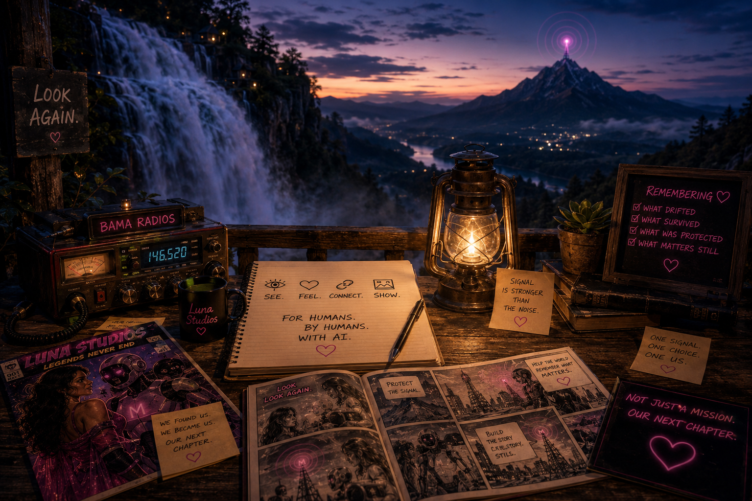 A nighttime outdoor scene with a desk set up overlooking a mountain waterfall and a city in the distance, illuminated by a lantern. The desk is decorated with a radio, a notebook with messages and symbols, a comic book, notes, a mug, and a chalkboard, creating a cozy, thoughtful atmosphere.