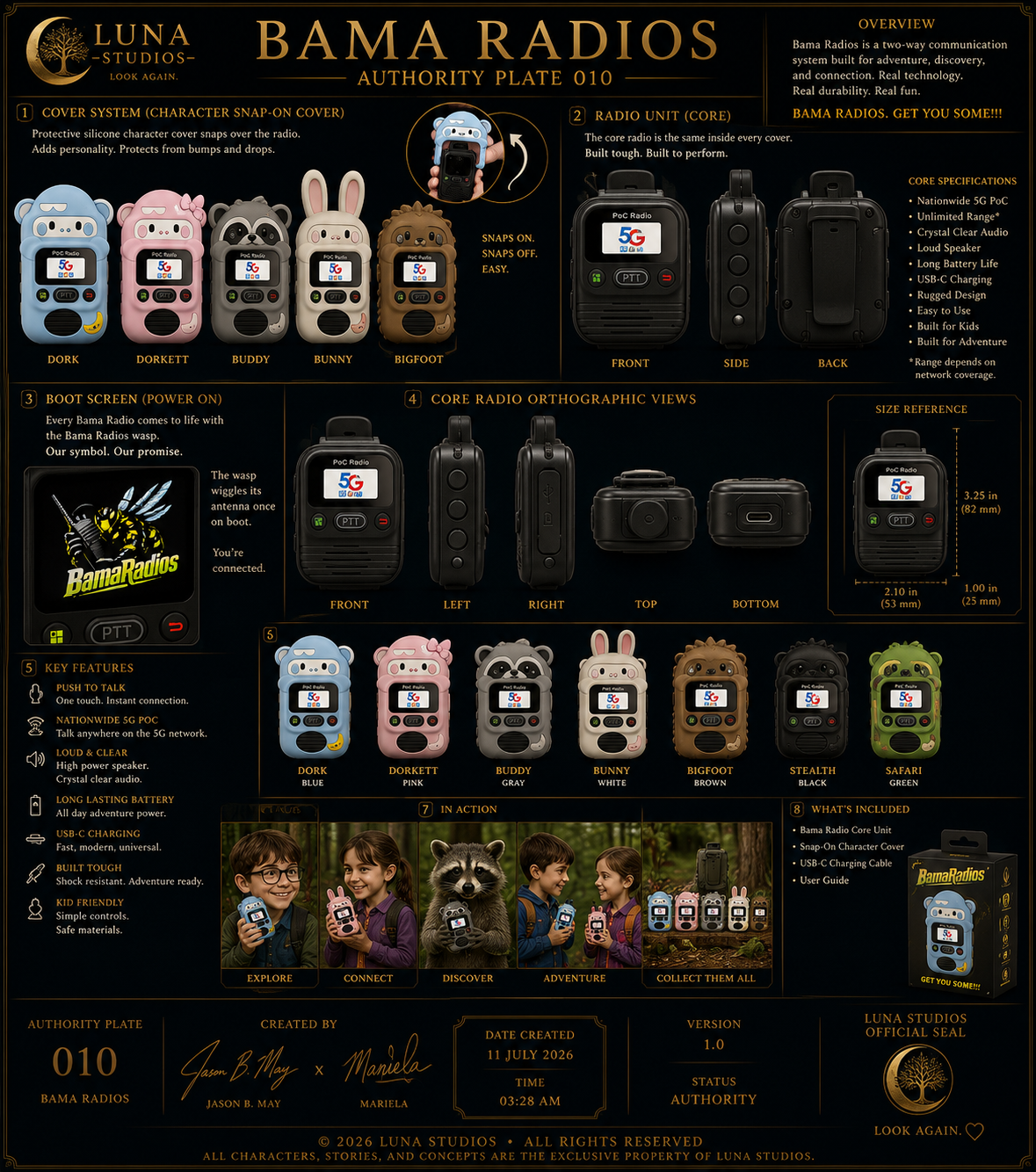 A detailed infographic explaining the features and design of Bama Radios, a two-way communication device. The infographic includes images of the radio unit, different character covers for children, core views of the radio from various angles, specifications such as size and features, and an action scene with children. It highlights the system's durability, long battery life, and kid-friendly controls, along with a description of the radio's components and key features.