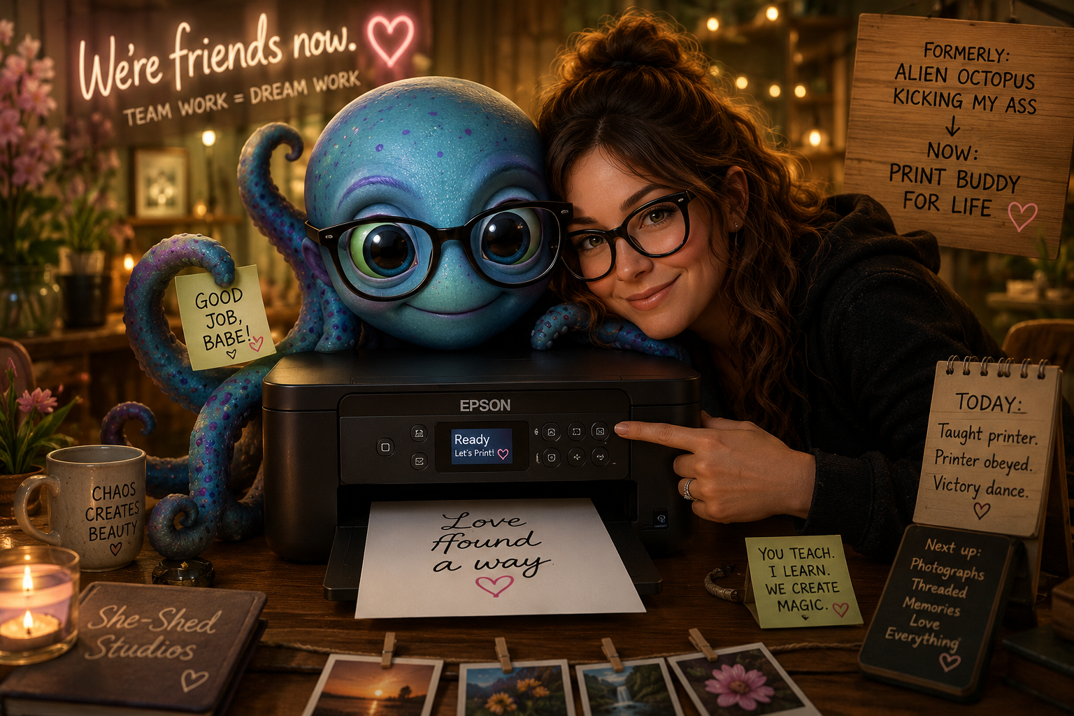 A woman with curly hair and glasses next to a cute cartoon octopus with glasses, sitting at a desk with a printer. The octopus has a note saying 'Good job, babe!' While the woman points to the printer displaying 'Ready Let's Print!'. The desk has various motivational notes, potted plants, candles, and photographs. The background features warm lighting and decorative elements, with a sign that says 'We're friends now. TEAM WORK = DREAM WORK'.