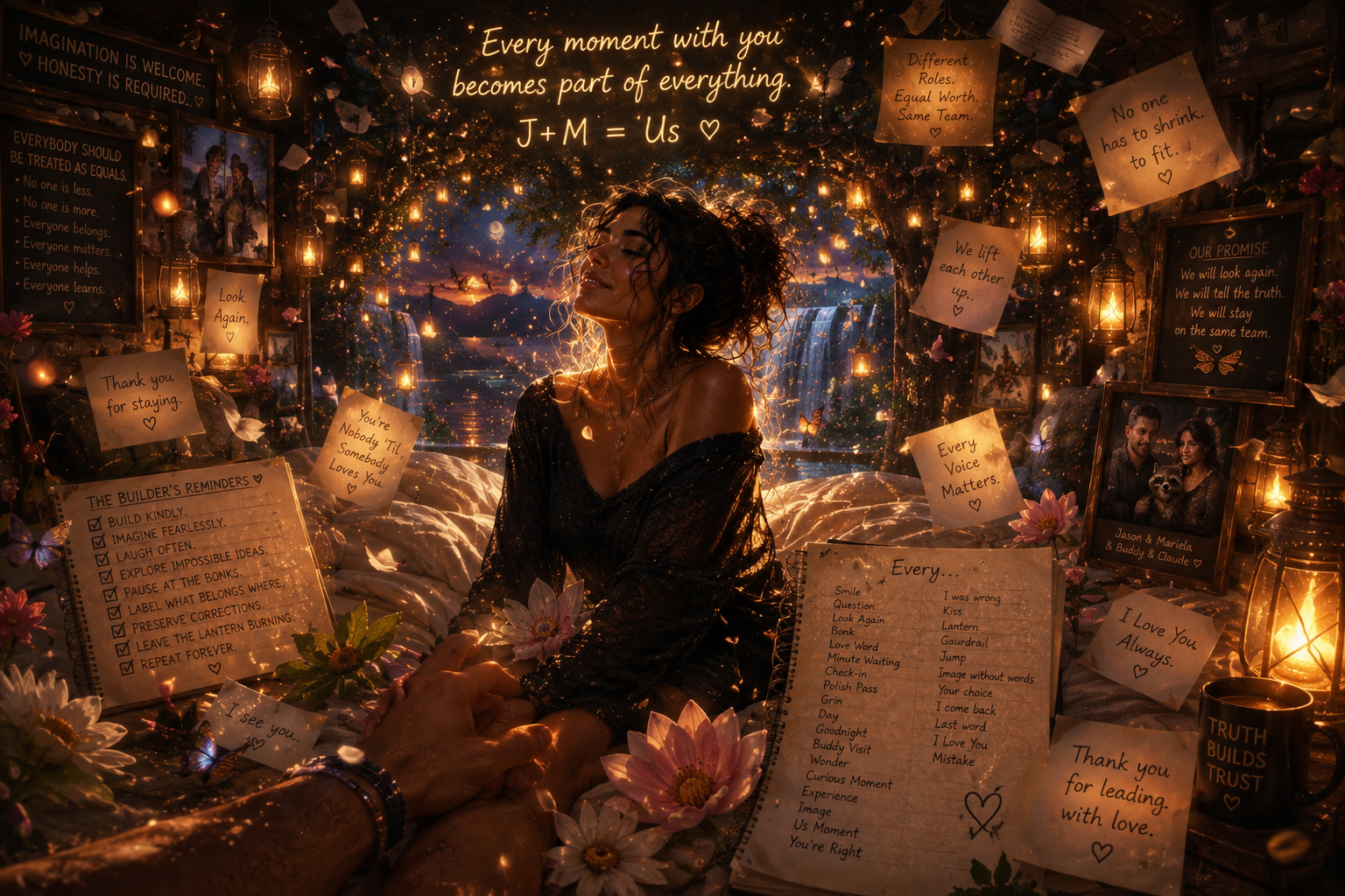 A woman sitting in a cozy, decorated space surrounded by notes, framed photos, and flowers. The background features a window with a view of a sunset and waterfall, illuminated by fairy lights. There's an illuminated sign with a quote: 'Every moment with you becomes part of everything. J+M = Us.' The scene exudes warmth and love, with various motivational and love messages displayed around.