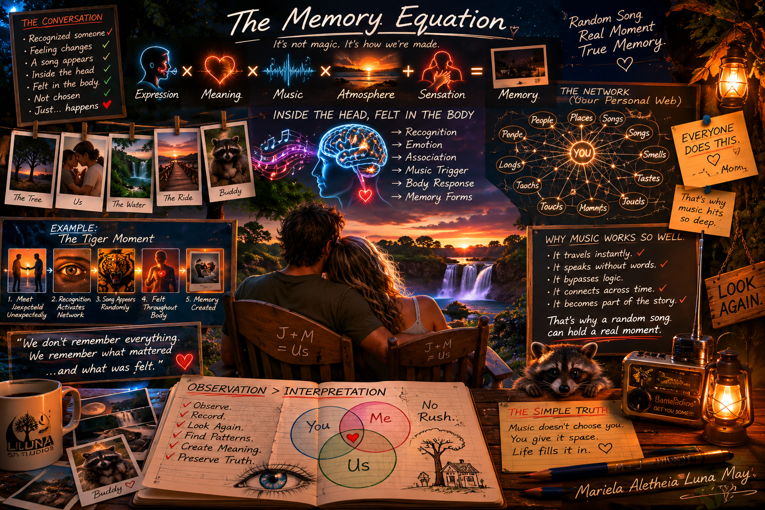 A visually detailed infographic explains the memory equation and how music influences memory. The background features a sunset over a natural landscape with water and trees. In the foreground, there are two people sitting on a bench, gazing at the view, with various notes, photographs, and mind maps related to memory and perception around them. Additional objects include a coffee mug, a raccoon stuffed animal, a radio, lanterns, and handwritten notes with quotes about memory and music.