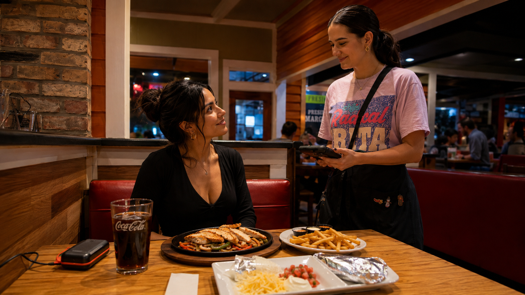 A woman in a black top receiving her order from a waitress in a pink t-shirt at a restaurant. The table has a plate of grilled chicken with vegetables, French fries, and a dish of shredded cheese, sour cream, and diced tomatoes. There is also a glass of Coca-Cola and a phone on the table.