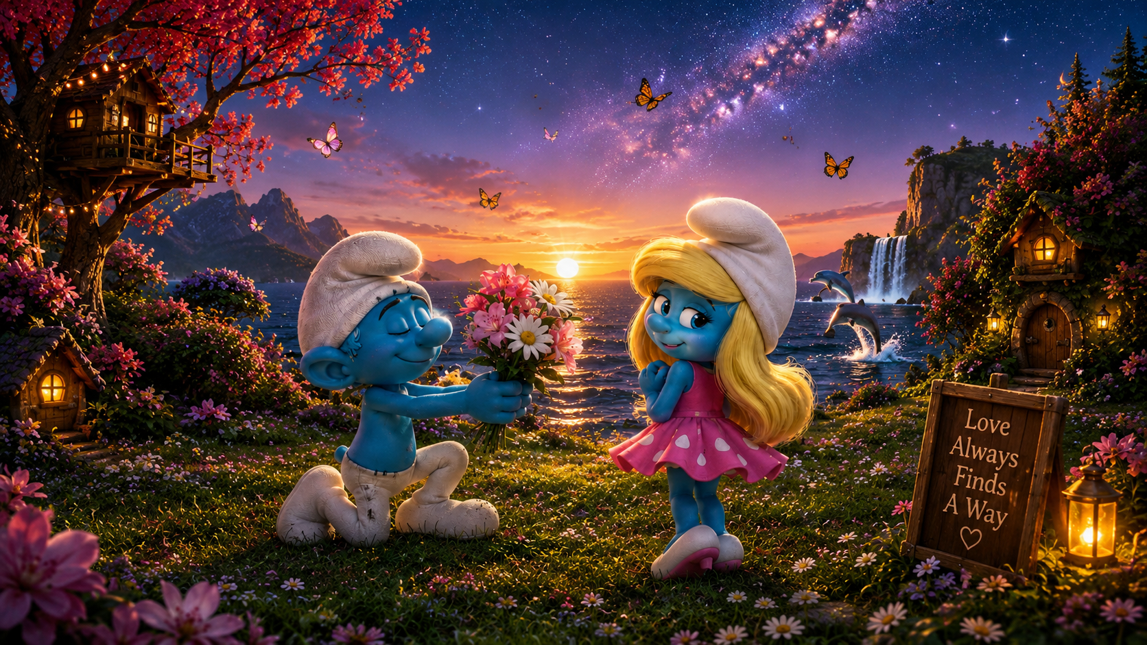 Smurf and Smurfette exchanging a bouquet of flowers in a colorful, whimsical landscape with mountains, waterfalls, a starry sky, butterflies, and cozy fairy-tale houses at sunset.