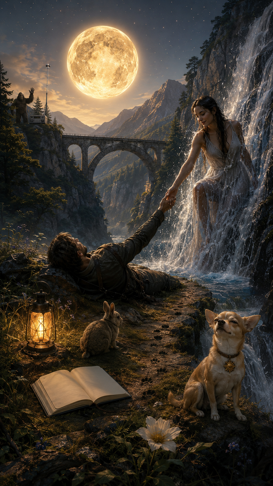 A fantasy scene showing a man lying on the ground reaching up to a woman sitting in a waterfall, with a large moon in the sky, mountains, a bridge, a creature waving from the trees, a rabbit, a dog, a lantern, an open book, and flowers.