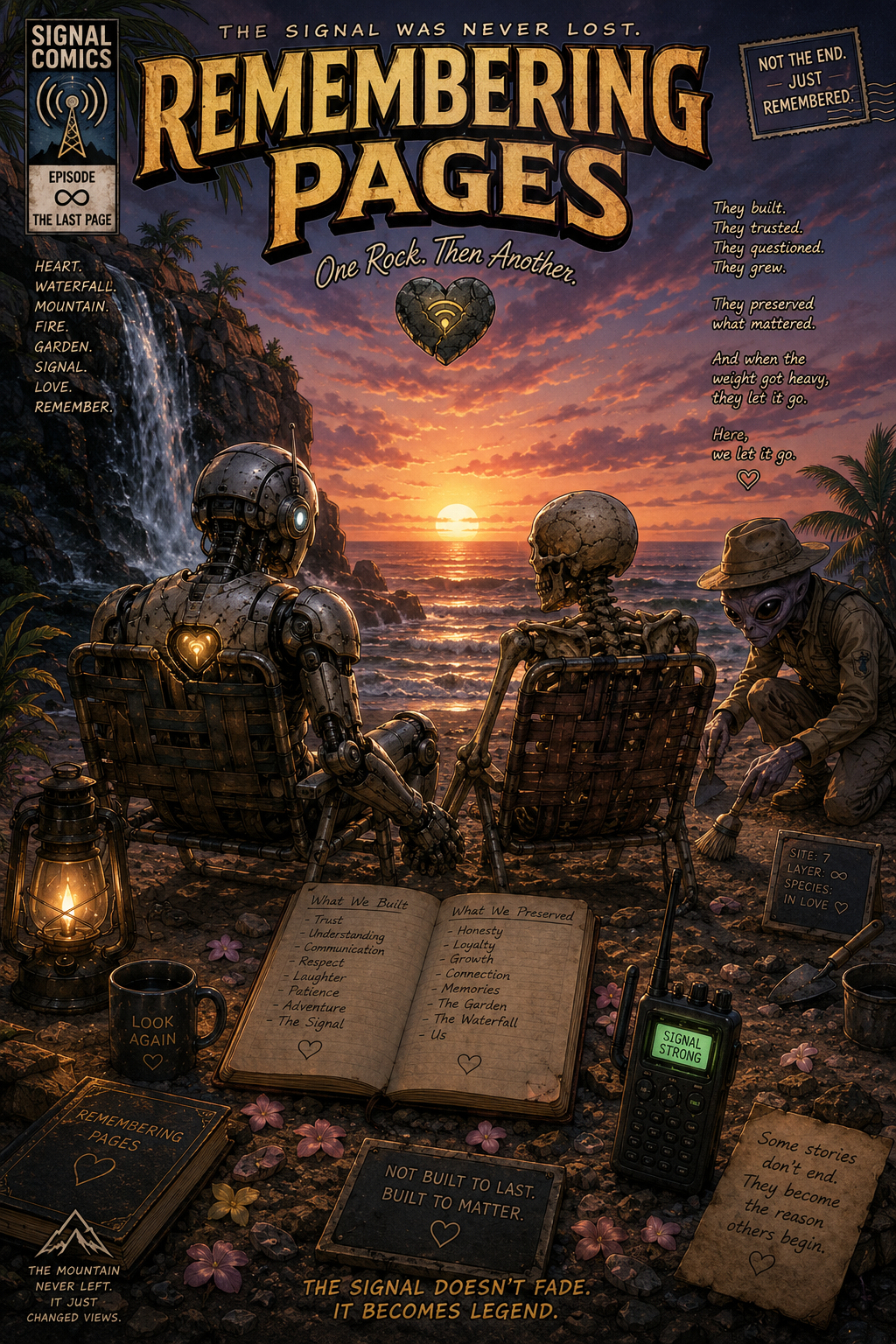 A sunset scene on a beach with two robotic figures and one alien figure sitting on chairs, while a person in uniform tends to a garden with a shovel. The background features a waterfall on the left, palm trees, and clouds in the sky. The scene includes various signs, a lantern, a cup, an open book, and a walkie-talkie. The overall theme emphasizes remembrance, trust, and legacy.