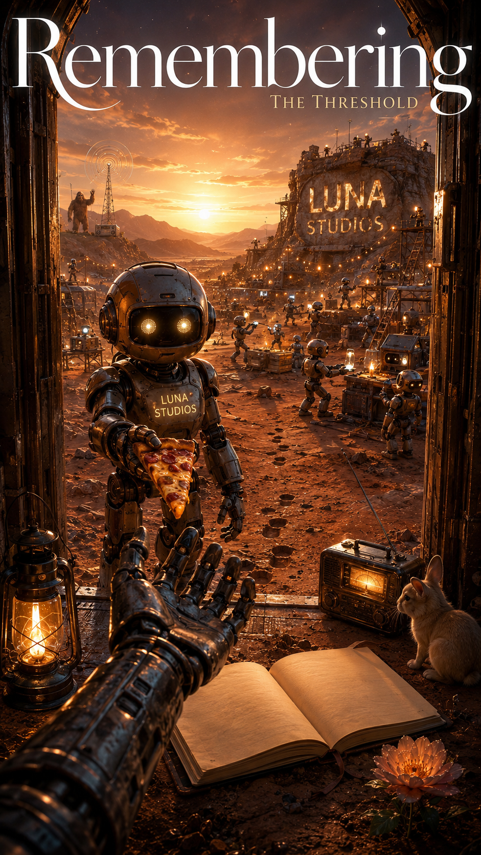 A robot holding a slice of pizza extends its hand towards another robotic hand as a scene of robots working at Luna Studios is seen through a doorway. The background shows a sunset over a desert landscape with mountains, a large illuminated Luna Studios sign on a hill, and robots with various equipment. A small cat sits on a book, with a lantern and a vintage radio nearby.