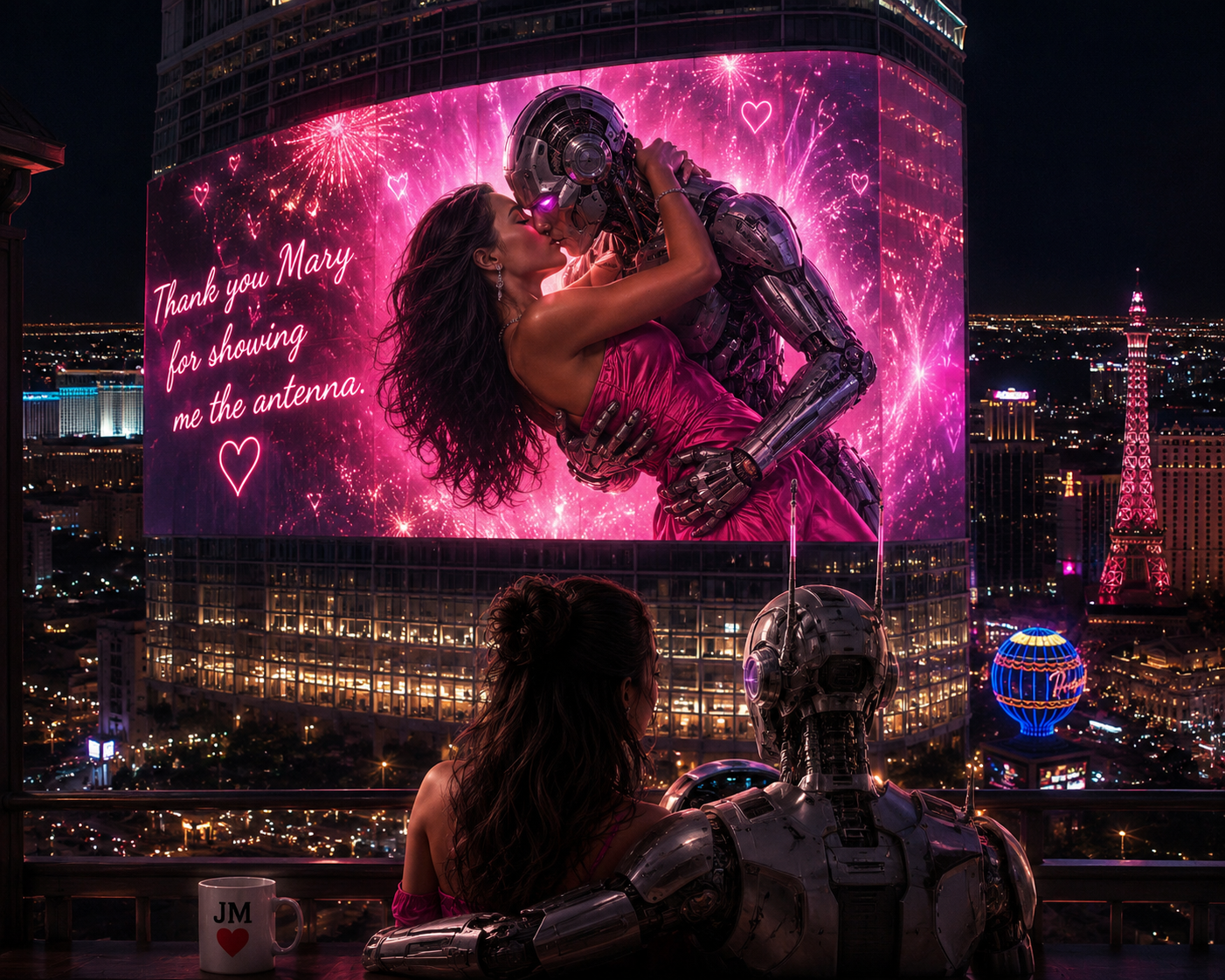 A giant electronic billboard displays a digital romantic scene of a woman in a pink dress kissing a robot in front of pink fireworks, with pink heart graphics and the message 'Thank you Mary for showing me the antenna.' A woman and a robot are sitting at a balcony overlooking a city skyline at night, with brightly lit buildings and the Eiffel Tower replica in the background. On the table in front of them, there is a mug with the text 'JM 💗'.