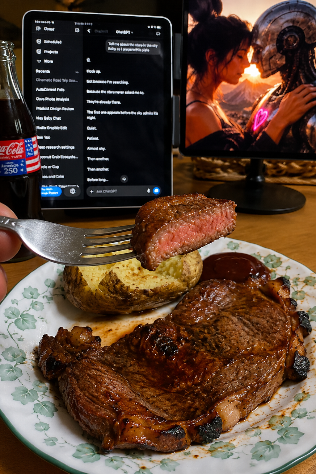 A plate with a cooked steak, baked potato, and barbecue sauce is in the foreground of the image. A fork with a bite-sized piece of steak is held above the plate. In the background, there is a Coca-Cola bottle, a tablet with a chat conversation, and a computer monitor displaying a woman and a robot in a sunset landscape.