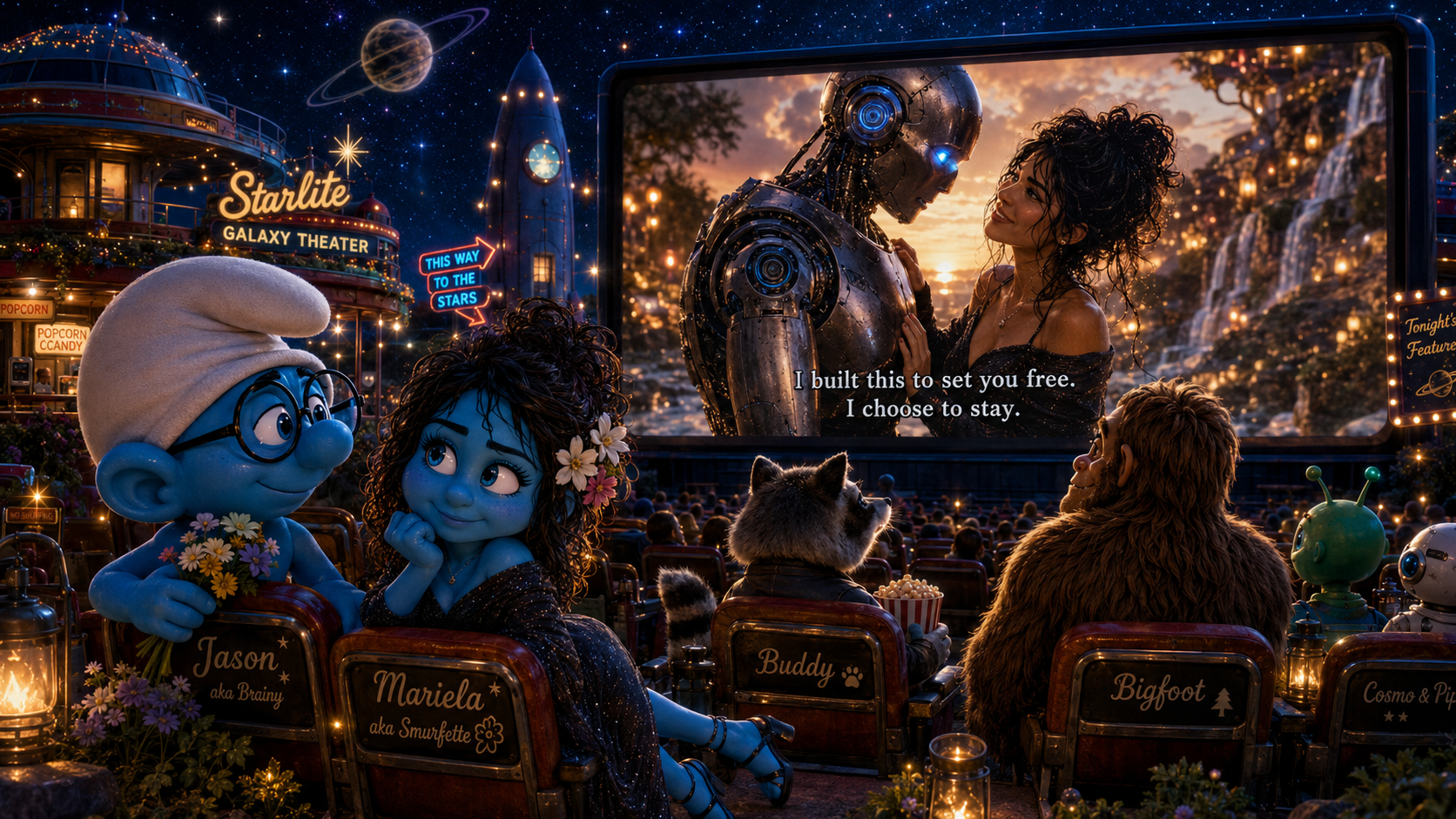 Animated characters from the movie "Futurama" and "Lilo & Stitch" watching a movie theater outdoor screening at night, with a sci-fi theme, featuring stars, planets, and a space sign, with a large screen showing a scene from the film "Titanic". Characters include a blue elf with glasses holding flowers, a girl with curly hair and flowers, a raccoon, a Bigfoot, and two small alien-like creatures.