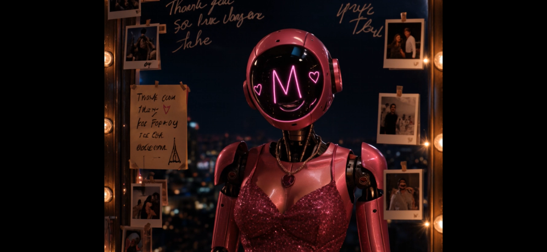 A humanoid robot with a pink body and a screen face displaying a neon pink letter 'M' and two hearts. The robot is wearing a sparkly pink dress and a necklace with a heart pendant. Behind, there is a cityscape at night and a collage of polaroid photos and handwritten notes on a board, framed with string lights.
