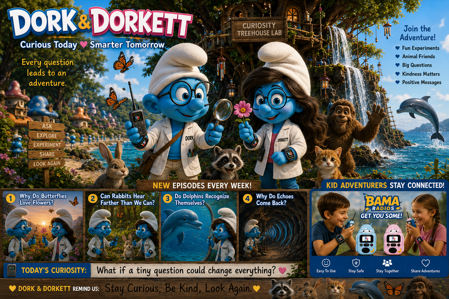 Colorful promotional image for the children's show 'Dork & Dorkett' featuring two animated blue-dk characters in lab coats, surrounded by animals, butterflies, and a treehouse with a waterfall. Kids and animal characters are engaging in scientific activities, with text promoting curiosity, episodes, and adventures.